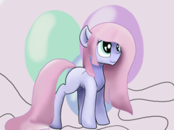 Size: 6667x5000 | Tagged: safe, artist:whiteberry, oc, oc only, oc:bubble gum, earth pony, pony, balloon, pastel, smiling, solo