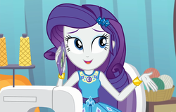 Size: 1685x1080 | Tagged: safe, screencap, rarity, equestria girls, equestria girls series, g4, rollercoaster of friendship, beautiful, bracelet, cellphone, cropped, cute, female, geode of shielding, jewelry, magical geodes, phone, raribetes, sewing, sewing machine, smartphone, smiling, solo, talking, yarn, yarn ball