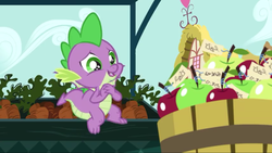 Size: 1280x720 | Tagged: safe, screencap, spike, dragon, g4, the big mac question, apple, claws, cute, fangs, food, ponyville, spikabetes, tail, winged spike, wings