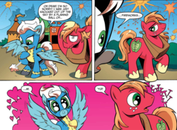 Size: 1171x864 | Tagged: safe, artist:andy price, idw, official comic, big macintosh, fleetfoot, earth pony, pegasus, pony, g4, zen and the art of gazebo repair, spoiler:comic, spoiler:comic09, comic, duo, female, fireworks, heart, infatuation, male, mare, nail, ship:fleetmac, shipping, speech bubble, spread wings, stallion, straight, wingboner, wings