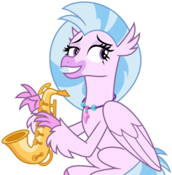 Size: 5008x5092 | Tagged: safe, artist:sketchmcreations, silverstream, classical hippogriff, hippogriff, a horse shoe-in, g4, female, musical instrument, saxophone, simple background, sitting, smiling, solo, transparent background, vector