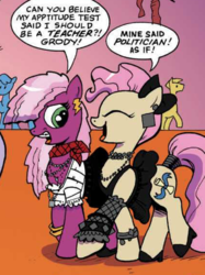 Size: 375x502 | Tagged: safe, artist:andypriceart, idw, official comic, cheerilee, mayor mare, earth pony, pony, g4, neigh anything, spoiler:comic, spoiler:comic11, 80s, 80s cheerilee, bow, clothes, duo, eyes closed, female, hair bow, irony, mare, speech bubble, tail wrap, younger