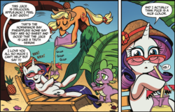 Size: 1070x691 | Tagged: safe, artist:brenda hickey, idw, official comic, applejack, rarity, spike, crab, dragon, earth pony, pony, unicorn, g4, spoiler:comic, spoiler:comic13, beach, comic, drinking glass, female, food, hat, hiccup, lying, male, mare, on back, onomatopoeia, palm tree, pineapple, pineapple juice, pitcher, pouring, speech bubble, sunglasses, tree