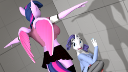 Size: 3840x2160 | Tagged: safe, artist:evehly, artist:trailssfm, rarity, twilight sparkle, anthro, g4, 3d, asserting dominance, clothes, cornered, dominance, high res, midriff, miniskirt, pantyhose, plaid skirt, pleated skirt, scared, shadow, skirt, source filmmaker, stockings, t pose, tail, terrified, thigh highs, wide eyes, wings