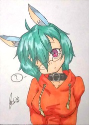 Size: 928x1296 | Tagged: safe, artist:龙宠, oc, oc only, oc:badkou, human, anthro, breasts, clothes, glasses, hoodie, humanized, humanized oc, pony ears, question mark, simple background, solo
