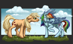 Size: 1280x768 | Tagged: safe, artist:gonedreamer, applejack, rainbow dash, earth pony, pegasus, pony, g4, duo, straw in mouth