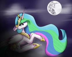 Size: 1000x800 | Tagged: safe, artist:krissograph, princess celestia, pony, g4, crying, cutie mark, ethereal mane, eye clipping through hair, female, floppy ears, jewelry, mare in the moon, moon, night, prone, redraw, regalia, solo