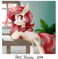 Size: 882x906 | Tagged: dead source, safe, artist:allionii-azy, oc, oc only, oc:red palette, pony, unicorn, art trade, clothes, cutie mark, female, freckles, glowing horn, horn, magic, mare, pencil, scarf, smiling, solo, telekinesis