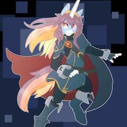 Size: 895x893 | Tagged: safe, artist:allionii-azy, oc, oc only, oc:jenova, unicorn, anthro, unguligrade anthro, abstract background, armor, boots, cloak, clothes, coat markings, female, fire emblem, lucina, shoes, solo