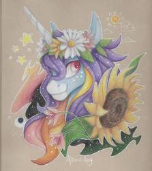 Size: 844x947 | Tagged: safe, artist:allionii-azy, oc, oc only, oc:jenova, pony, unicorn, abstract background, bust, coat markings, female, floral head wreath, flower, flower in hair, freckles, mare, smiling, solo, sunflower, traditional art