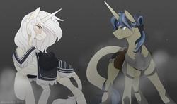 Size: 1024x605 | Tagged: safe, artist:allionii-azy, oc, oc only, pony, unicorn, abstract background, armor, clothes, coat markings, commission, duo, frown, grin, looking at each other, raised hoof, saddle bag, smiling, tail wrap