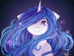 Size: 1257x952 | Tagged: safe, artist:kindnightingale, artist:yamaneka, oc, oc only, pony, unicorn, bubble, collaboration, female, gradient background, hair over one eye, looking at you, mare, smiling, solo