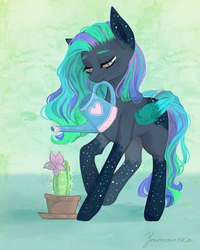 Size: 1800x2250 | Tagged: safe, artist:yamaneka, oc, oc only, pegasus, pony, cactus, coat markings, female, lidded eyes, mare, mouth hold, socks (coat markings), solo, stars, watering, watering can