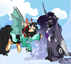 Size: 2638x2357 | Tagged: safe, artist:little-lime, oc, alicorn, bat pony, pony, alicorn oc, annoyed, bat pony oc, body markings, chest fluff, closed mouth, clothes, colored eartips, colored hooves, colored wings, colored wingtips, curved horn, cyan eyes, dress, ear freckles, ears back, facial markings, fangs, female, folded wings, freckles, frown, gradient mane, gradient tail, green eyes, high res, homestuck, horn, horn jewelry, jewelry, leonine tail, mare, neckerchief, not luna, open mouth, pale belly, sitting, slit pupils, smiling, spread wings, tail, wings