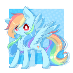 Size: 768x768 | Tagged: safe, artist:jisuppe, rainbow dash, pegasus, pony, g4, abstract background, chest fluff, cute, dashabetes, female, looking at you, mare, smiling, solo, spread wings, wings