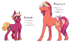 Size: 1323x769 | Tagged: safe, artist:zetapold, oc, oc only, oc:cortland, oc:honeycrisp, earth pony, pony, bow, brother and sister, cutie mark, duo, female, male, offspring, parent:big macintosh, parent:cheerilee, parents:cheerimac, siblings, simple background, tail bow, white background