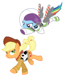 Size: 826x968 | Tagged: safe, artist:lostinthetrees, applejack, rainbow dash, g4, buzz lightyear, clothes, cosplay, costume, crossover, male, toy story, woody