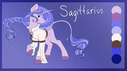 Size: 1024x576 | Tagged: safe, artist:mindlesssketching, pony, unicorn, braid, clothes, female, mare, ponified, reference sheet, sagittarius, shirt, solo, zodiac