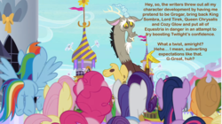 Size: 2007x1125 | Tagged: safe, edit, edited screencap, screencap, applejack, discord, fluttershy, pinkie pie, rainbow dash, rarity, twilight sparkle, alicorn, draconequus, earth pony, pegasus, pony, unicorn, g4, the ending of the end, breaking the fourth wall, canterlot, caption, discord drama, female, image macro, it was at this moment that he knew he fucked up, male, mane six, mare, nervous, shrug, subverting expectations, text, twilight sparkle (alicorn)