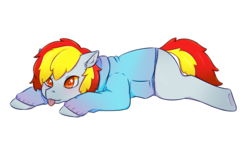 Size: 1024x592 | Tagged: safe, artist:guiltyp, earth pony, pony, clothes, female, hoodie, mare, prone, simple background, solo, tongue out, transparent background