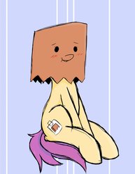 Size: 1166x1509 | Tagged: safe, artist:sloppy_gore, oc, oc only, oc:paper bag, earth pony, pony, fake cutie mark, female, mare, paper bag, sitting
