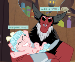 Size: 588x488 | Tagged: safe, edit, edited screencap, screencap, cozy glow, lord tirek, derpibooru, g4, the summer sun setback, cozybetes, cropped, cute, duo, duo male and female, meta, tags, tirek is not amused
