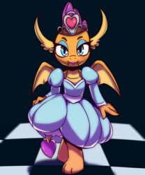 Size: 2000x2400 | Tagged: safe, artist:rockset, smolder, dragon, g4, clothes, dress, eyeshadow, female, high res, lipstick, looking at you, makeup, princess smolder, puffy sleeves, smolder also dresses in style, solo