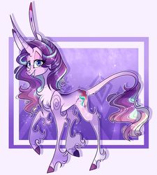 Size: 1024x1137 | Tagged: safe, artist:manella-art, starlight glimmer, classical unicorn, pony, unicorn, g4, alternate hairstyle, big ears, chest fluff, cloven hooves, female, grin, horn, impossibly large ears, leonine tail, long feather, looking at you, mare, raised leg, smiling, solo, unshorn fetlocks