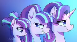 Size: 1980x1080 | Tagged: safe, artist:kaylerustone, starlight glimmer, pony, unicorn, age progression, bust, character development, evil grin, eye clipping through hair, female, filly, filly starlight glimmer, frown, gradient background, grin, mare, pigtails, portrait, profile, s5 starlight, sad, sadlight glimmer, smiling, solo, triality, younger