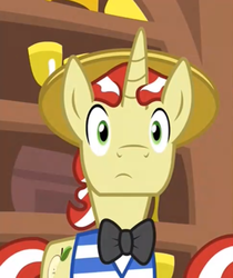 Size: 606x720 | Tagged: safe, screencap, flam, flim, pony, unicorn, friendship university, g4, boater, bowtie, cropped, cute, flim flam brothers, flimabetes, hat, male, solo focus, stallion, surprised