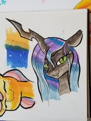 Size: 1536x2048 | Tagged: safe, artist:dimfann, queen chrysalis, changeling, g4, bust, female, portrait, solo, traditional art