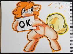 Size: 2048x1510 | Tagged: safe, artist:dimfann, oc, oc only, oc:uhhhh, earth pony, pony, hoof hold, ok, sign, solo, tongue out, traditional art