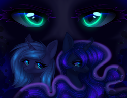 Size: 2591x2000 | Tagged: safe, artist:avrameow, nightmare moon, princess luna, alicorn, pony, g4, crying, female, high res, lunar trinity, mare, s1 luna, slit pupils, young luna, younger