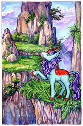 Size: 2554x3878 | Tagged: safe, artist:matokiro, oc, oc:searing cold, kirin, grass, high res, kirin oc, mountain, rock, tree, watercolor painting, ych result