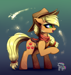 Size: 3320x3485 | Tagged: safe, artist:calena, applejack, earth pony, pony, g4, chest fluff, clothes, cute, digital art, ear fluff, female, gradient background, high res, i can't believe it's not magnaluna, jackabetes, jewelry, mare, scarf, solo, style emulation