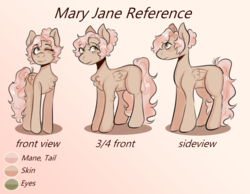 Size: 1900x1475 | Tagged: safe, artist:poofindi, oc, oc:mary jane, pegasus, pony, front view, one eye closed, palette, reference sheet, sideview, three quarter view, wink