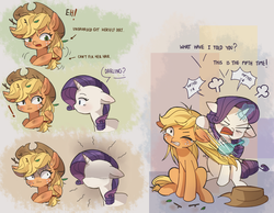 Size: 2080x1616 | Tagged: safe, artist:tcn1205, applejack, rarity, earth pony, pony, unicorn, g4, angry, brushing, censored vulgarity, cross-popping veins, crying, cute, darling, digital art, engrish, female, grawlixes, gritted teeth, hair pulling, jackabetes, leaves, lesbian, magic, mare, messy mane, one eye closed, overprotective, raribetes, rarity being rarity, scolding, ship:rarijack, shipping, tears of pain, teary eyes, telekinesis, twig