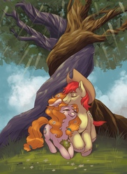 Size: 2400x3300 | Tagged: safe, artist:taytinabelle, bright mac, pear butter, earth pony, pony, g4, applejack's hat, cowboy hat, crepuscular rays, cute, cutie mark, digital art, ear fluff, eyes closed, female, flower, flower in hair, freckles, happy, hat, high res, intertwined trees, male, mare, messy mane, nuzzling, ship:brightbutter, shipping, smiling, stallion, straight, tree, under the tree, unshorn fetlocks
