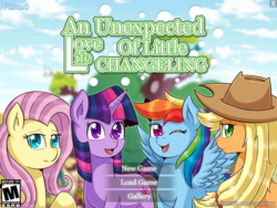 Size: 800x600 | Tagged: safe, artist:vavacung, applejack, fluttershy, rainbow dash, twilight sparkle, earth pony, pegasus, pony, unicorn, series:an unexpected love life of little changeling, g4, esrb, female, visual novel