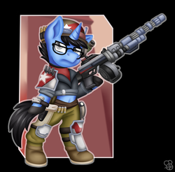 Size: 1146x1126 | Tagged: safe, artist:sabrib, oc, oc:tinker doo, pony, unicorn, borderlands, clothes, cosplay, costume, glasses, gun, male, soldier, solo, weapon