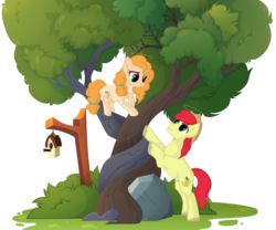 Size: 3190x2655 | Tagged: safe, artist:teepew, artist:xcinnamon-twistx, bright mac, pear butter, earth pony, pony, g4, base used, bird house, cute, female, fluffy hair, halo, hat, high res, intertwined trees, male, rock, ship:brightbutter, shipping, straight, tree