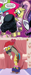 Size: 965x2300 | Tagged: safe, artist:andypriceart, edit, edited screencap, idw, screencap, discord, fluttershy, rarity, pegasus, pony, unicorn, discordant harmony, g4, spoiler:comic, spoiler:comic64, 80s, alternate hairstyle, aroused, big eyelashes, bling, butt, clothes, cover up, cropped, cute, dialogue, everything old, eyeliner, eyes closed, female, flutterbutt, fluttershy is not amused, frown, gangsta, high ponytail, horrified, looking back, makeup, male, mare, no context, offscreen character, open mouth, pants, pants down, pants on the ground, parachute pants, plot, ponytail, raised hoof, rapper, sexy, ship:discoshy, shipping, smiling, straight, sunglasses, sweater, sweatershy, unamused, underwear, watch, wide eyes, wristwatch