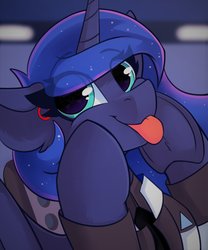 Size: 1000x1200 | Tagged: safe, artist:shadowreindeer, princess luna, alicorn, pony, :p, blurry background, bust, clothes, connor luna, cute, detroit: become human, ear fluff, eye clipping through hair, eyebrows, eyebrows visible through hair, female, hoof fluff, jacket, looking at you, lunabetes, mare, rk900, smiling, solo, tongue out, underhoof