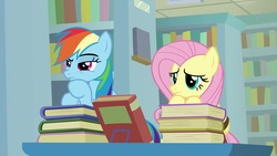 Size: 1920x1080 | Tagged: safe, screencap, fluttershy, rainbow dash, pony, daring doubt, g4, book, bookshelf