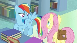 Size: 1920x1080 | Tagged: safe, screencap, fluttershy, rainbow dash, pony, daring doubt, g4, book, bookshelf, saddle bag