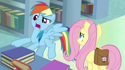 Size: 1920x1080 | Tagged: safe, screencap, fluttershy, rainbow dash, pony, daring doubt, g4, book, bookshelf, saddle bag