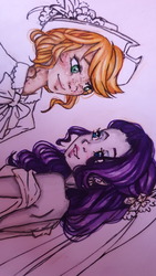 Size: 1080x1920 | Tagged: safe, artist:christine-rose96, applejack, rarity, human, g4, cute, female, humanized, jackabetes, lesbian, marriage, raribetes, ship:rarijack, shipping, sideways image, traditional art, wedding