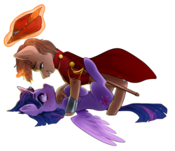 Size: 1024x885 | Tagged: safe, artist:goshhhh, twilight sparkle, oc, oc:heroic armour, alicorn, pony, unicorn, g4, blushing, canon x oc, cape, clothes, female, hat, looking at each other, male, pinned down, red mage, sword, twilight sparkle (alicorn), weapon, ych result