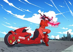 Size: 1024x724 | Tagged: safe, artist:zwitterkitsune, oc, oc only, oc:protoqueen bountiful, changeling, anthro, unguligrade anthro, akira, changeling oc, clothes, cosplay, costume, female, kaneda shotaro, motorcycle, red changeling, solo