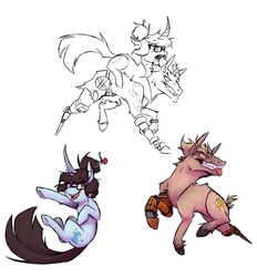 Size: 4120x4432 | Tagged: safe, artist:the-blackeye, earth pony, pony, unicorn, :p, amputee, crossover, curved horn, female, grin, happy, horn, junkrat, male, mare, mei, overwatch, peg leg, ponies riding ponies, ponified, prosthetic leg, prosthetic limb, prosthetics, riding, shipping, simple background, sketch, sketch dump, smiling, stallion, straight, teeth, tongue out, white background